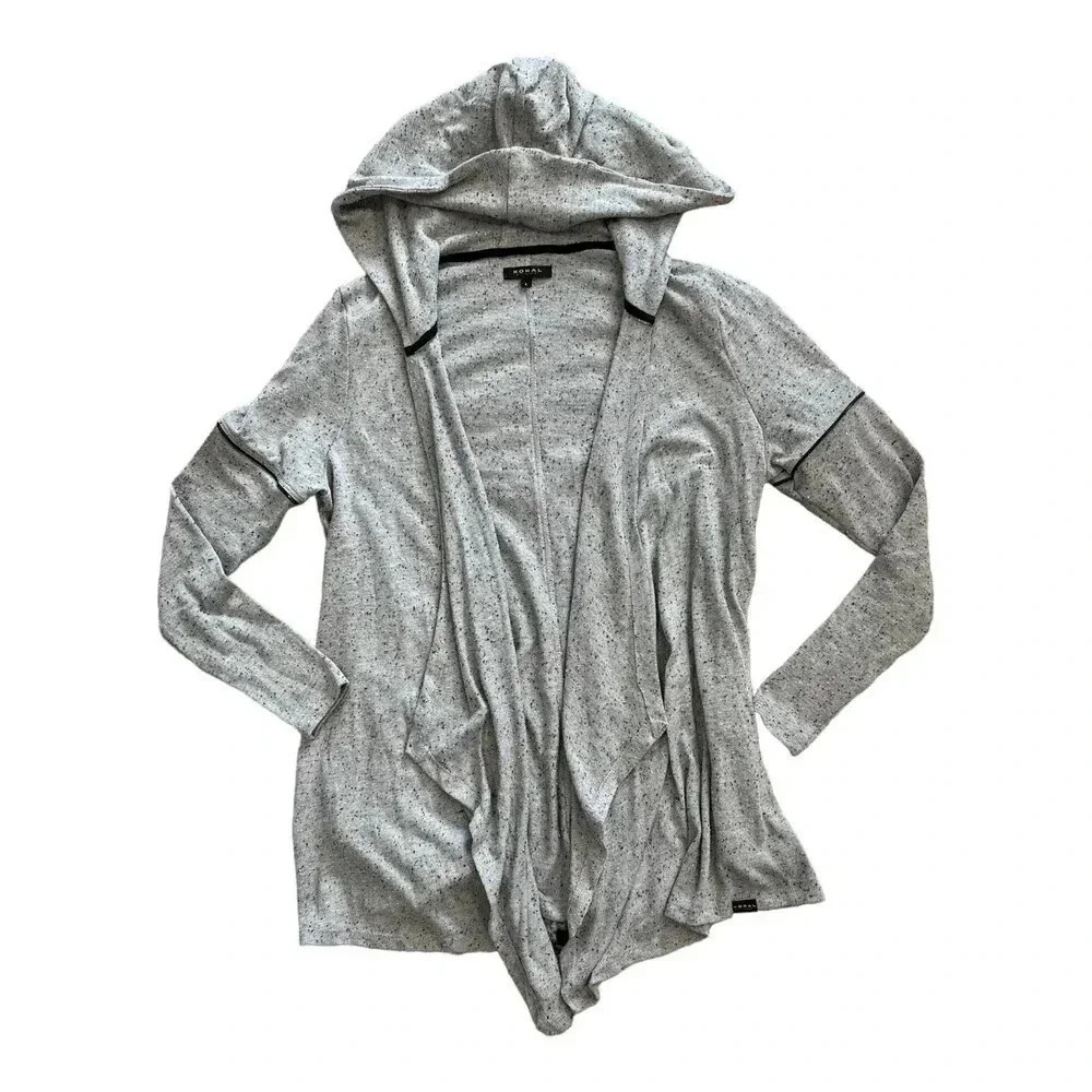 Koral Activewear by Ilana Kugel Gray Hooded Open Front Waterfall Cardigan L